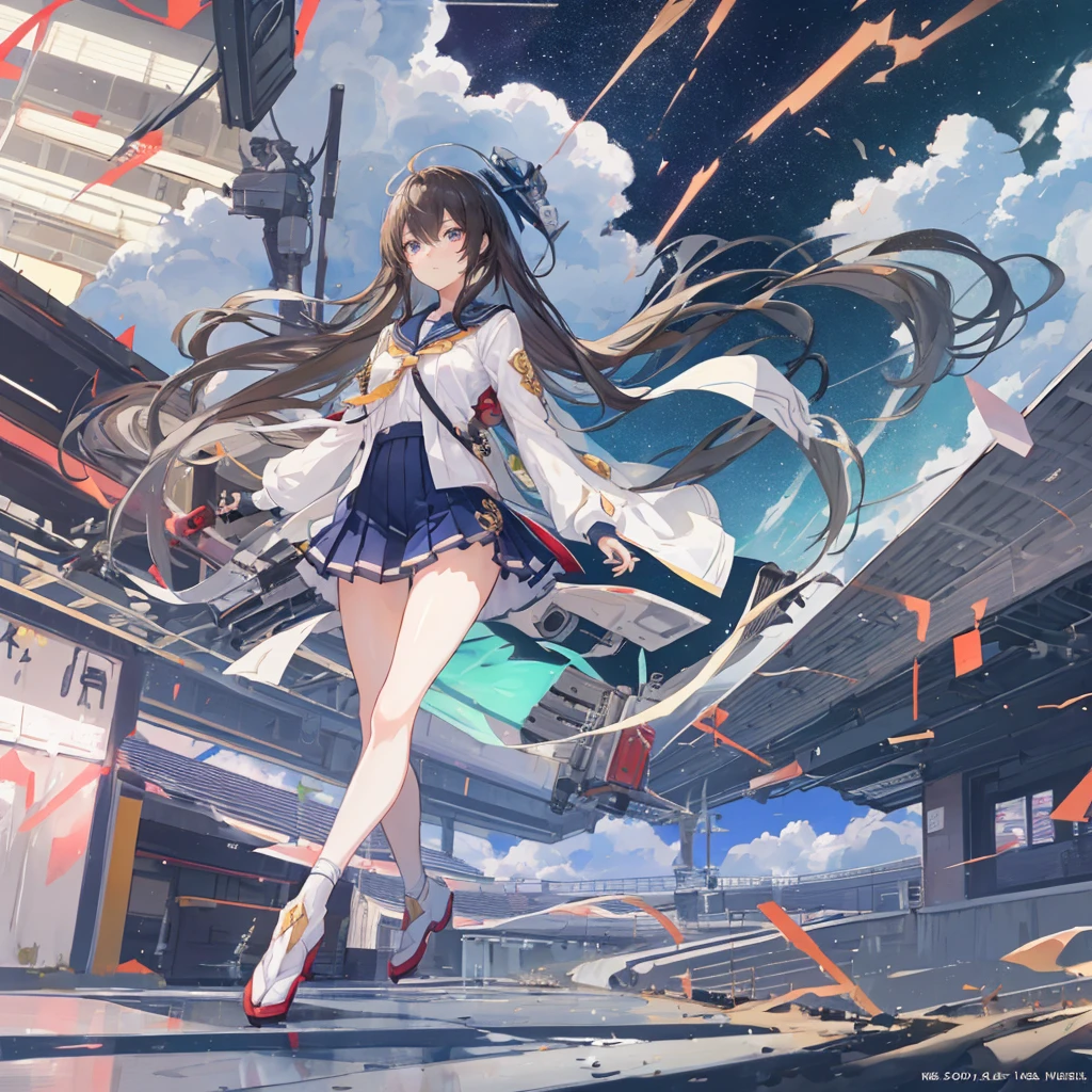 Long-haired anime girl walking on the train platform, Fleet Collection Style, Electromagnetic cannon, The Golden Fleet, Kantai Collection Arcade, captain, Shinkai Makoto风格, Cute girl anime visual, Shinkai Makoto的艺术风格, Beautiful anime high school girl, Anime style 4k, official art works, Shinkai Makoto