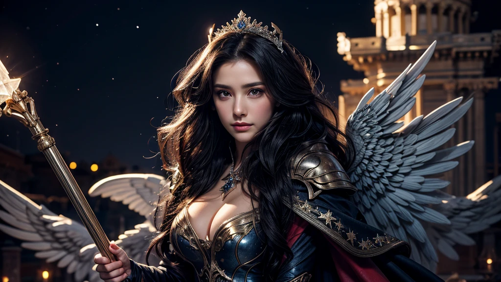 masterpiece, rest, best quality, Very detailed, Super real, 16K, high resolution, castle,snow, ((Starry Sky)),Female Mage,Gorgeous robe,Complex Mode,Pretty Face,Closed mouth,dramatic,Upper Body,Glowing scepter,Black Wings,Large Breasts