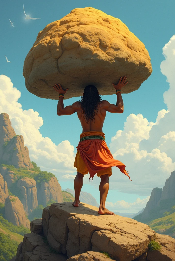 Create an illustration of the epic scene from the Ramayana where Lord Hanuman is carrying the entire Dronagiri mountain.