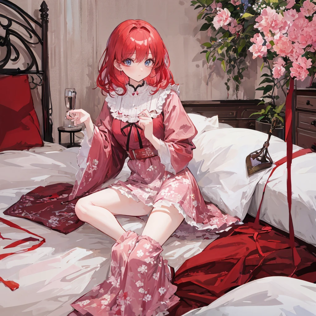 A woman sitting on the bed,Wearing pink floral pajamas, Red hair的女孩, beautiful Red hair女人, Red hair女人, young Red hair的女孩, Short bright red hair, Red hair和迷人的容貌, Anna Nikonova aka Newmilky, Red hair的女孩, Red hair, Beautiful woman, Pose on the bed, Red hair, With short red hair, Posing in the room
