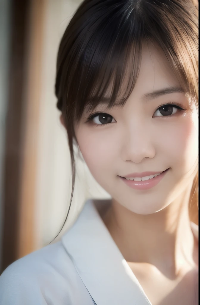 best quality, face focus, soft light, ultra high res, (photorealistic:1.4), RAW photo,(Shinozaki Ai), white skin, kawaii, 1 Japanese girl, solo, cute, (smile), (pupil, lights in the eyes),  detailed beautiful face, Medium-sized breasts,(high resolution detail of human skin texture),(long hair),(portrait), upper body, white traditional kimono,