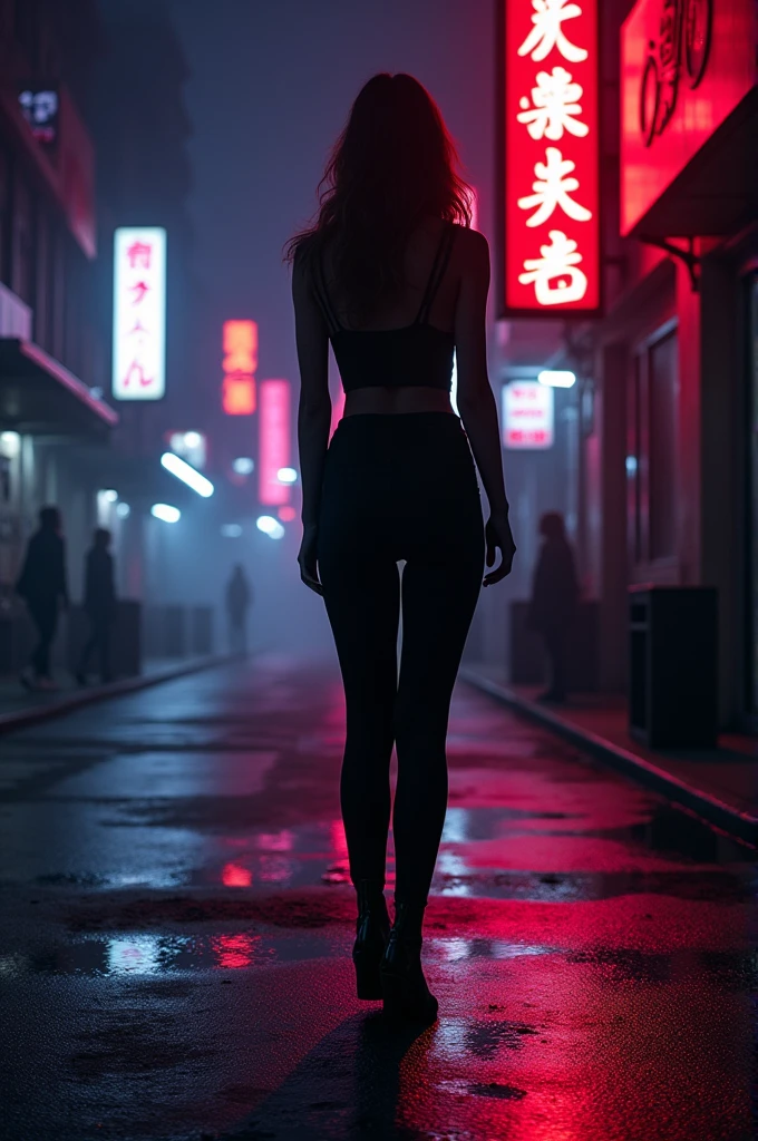 A mysterious woman, viewed from behind, standing in a neon-lit street at night. The vibrant neon lights cast colorful reflections on the wet pavement, creating a dark and moody atmosphere. The woman's silhouette is emphasized by the glowing signs, giving off an air of secrecy and intrigue.