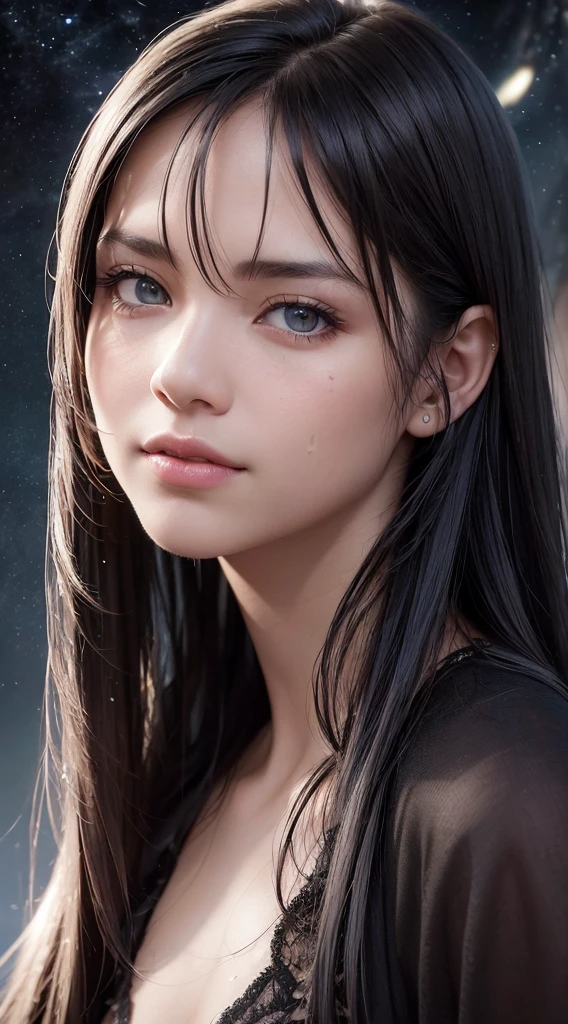 highest quality, epic realistic, ((in the pitch black darkness :1.4)), ((portrait:1.5)),(background: dark ) high contrast ,glorious picture, lowest lux, lighting face, she's comfortable, dark plain shirt, looks incredible, (8k, Raw photo, Highest quality),(epic realistic:1.5), a woman, face,(detailed eyes:0.8),(looking at the camera:1.4), (Highest quality), ( high contrast, deep shadows),Intricate details,cinematic,((skin:1.4)), (long dark hair:1.3), long hair, messy ,(Hdr:1.5),Detailed, colors, Superior quality, ( starry sky: 1.4), Masterpiece, Raw Photo (20-year-old, looking at viewer), beautiful, (wearing dark shirt,), perfect, natural, perfect composition, portrait, perfect face, smiling expression, Captivating eyes, Bright details, Tight lips, (High Skin Detail),, (blue tint: 0.6), (sale: 0.8), (bloody: 0.7), Key lighting , (backlight: 0.5), Medium depth of field, Canon 5d, 50mm lens, f/4 apertures, (Ultra-detailed, Complex detail), sharp focus, soft colors, 8k, Absurd, 80mm, dark background, photography, smiling, pinay, filipina, small