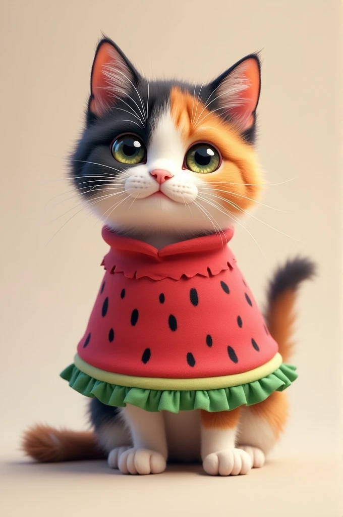 Three-colored cat wearing a watermelon-themed outfit, standing and looking cute