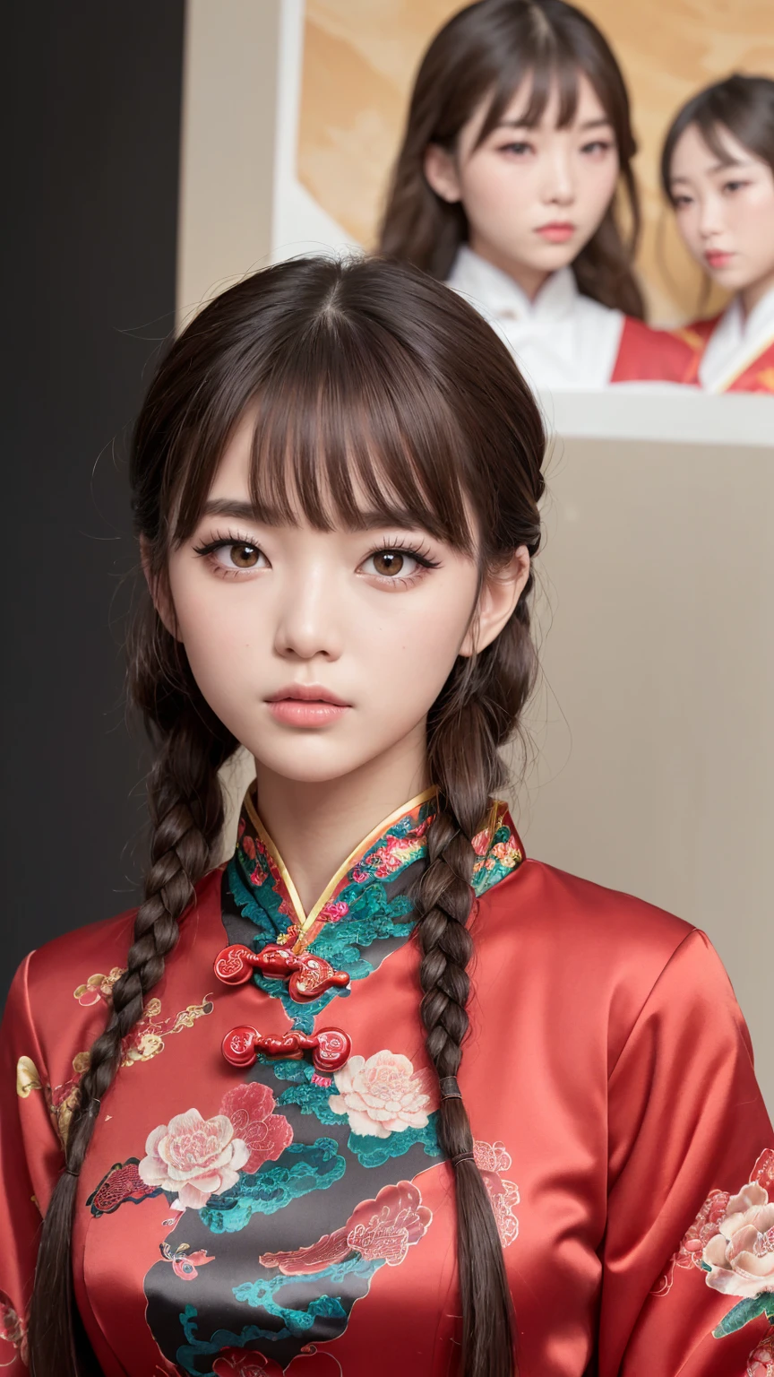 Realistic, masterpiece, Highest quality, Highest Resolution, Anatomically correct, Accurate Anatomy, 7 heads, Height: 165cm, One Japanese woman, profile, Open your mouth and laugh, Staring at the audience, Fine and beautiful eyes, Sparkling eyes, Thin eyebrows, Gives lashes a delicate finish, False eyelashes, (Chinese traditional makeup:1.2), (Braided hair, Blunt bangs, Brown Hair:1.2), Detailed face, Sharp Eyes, (Traditional Chinese Dress, Clothes that fit snugly to the body, Random Color:1.3), Upper body photo, Background like ink painting