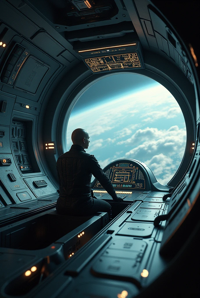 Alien spaceship with a person sitting inside controlling the alien spaceship, the open window with space and planet earth in the background