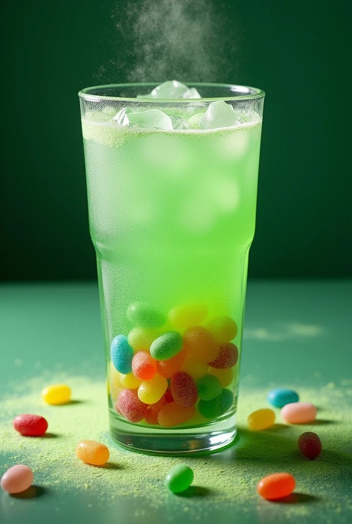 A drink in a 32 oz green glass with jelly beans inside the glass and the glass is frosted with green powder