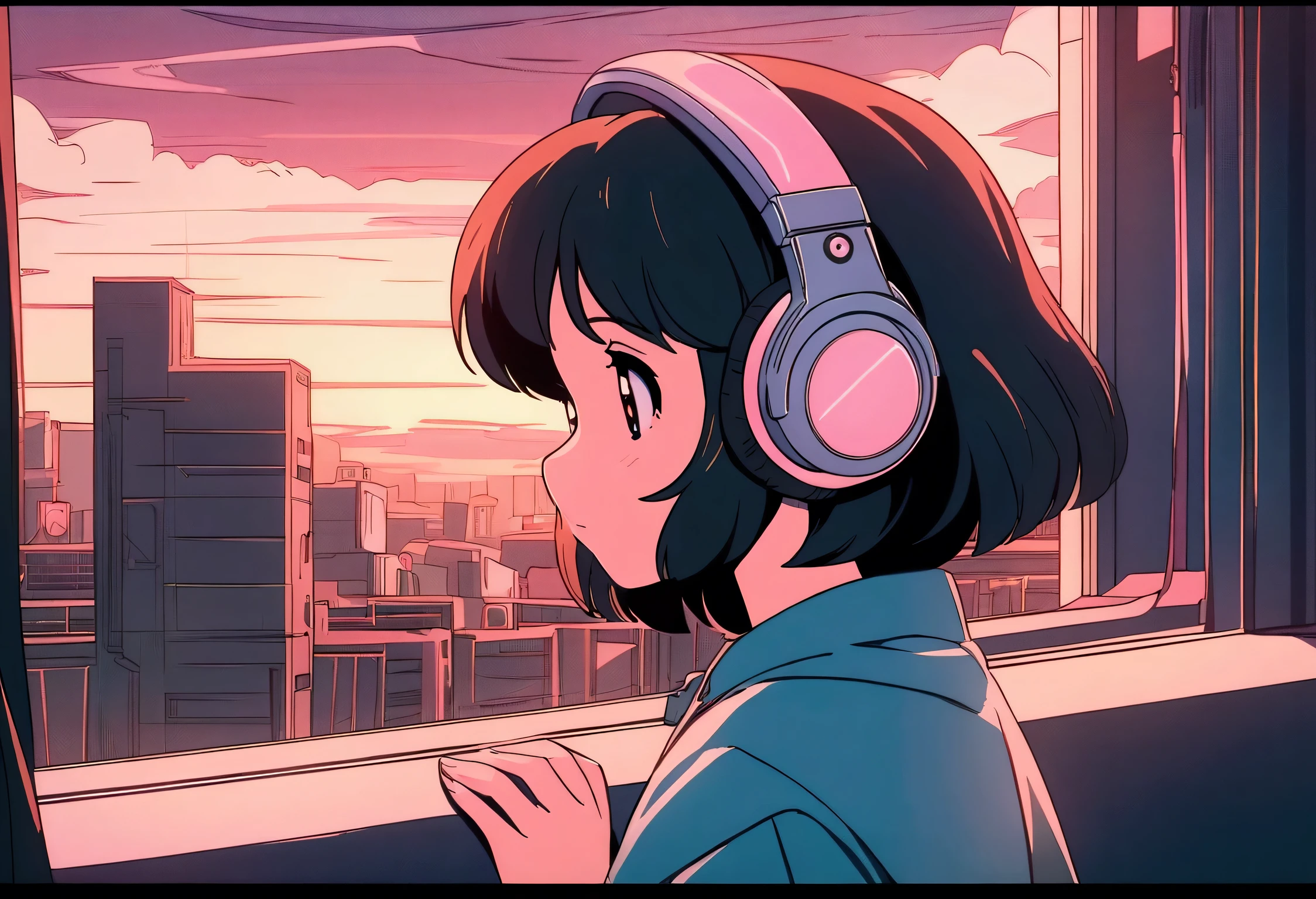 Anime girl wearing headphones looking out the window at the city, Lo-fi Girl, Anime atmosphere, Lofi Artstyle, Anime Style 4k, Anime Aesthetics, Nightcore, Lo-fi feeling, Lofi Art, anime art wallpaper 4k, anime art wallpaper 4k, anime wallpaper 4k, anime wallpaper 4k, An atmosphere of praise, Kaisei and Artgelm