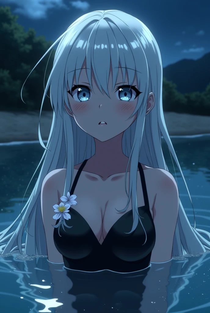 Screenshot of my hero academy, girl with white hair and gray eyes with dark circles, She is wearing a black swimsuit, It is in the water and has flowers adorning it, In the background there is a beach and it is nighttime