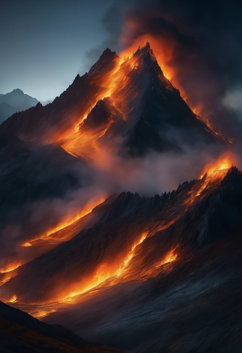 a burning mountain at night, a dramatic fiery landscape, a spectacular night scene, orange and yellow flames, glowing embers, dramatic lighting, cinematic mood, high contrast, volumetric fog, moody atmosphere, detailed textures, realistic 3D rendering, hyper-detailed, masterpiece, 8k, photorealistic, cinematic composition, epic scale, ultra-detailed