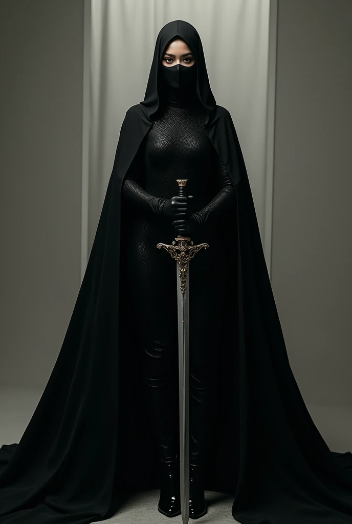 Satria is a beautiful woman dressed in all black, wearing a face mask while holding a sword in front of him