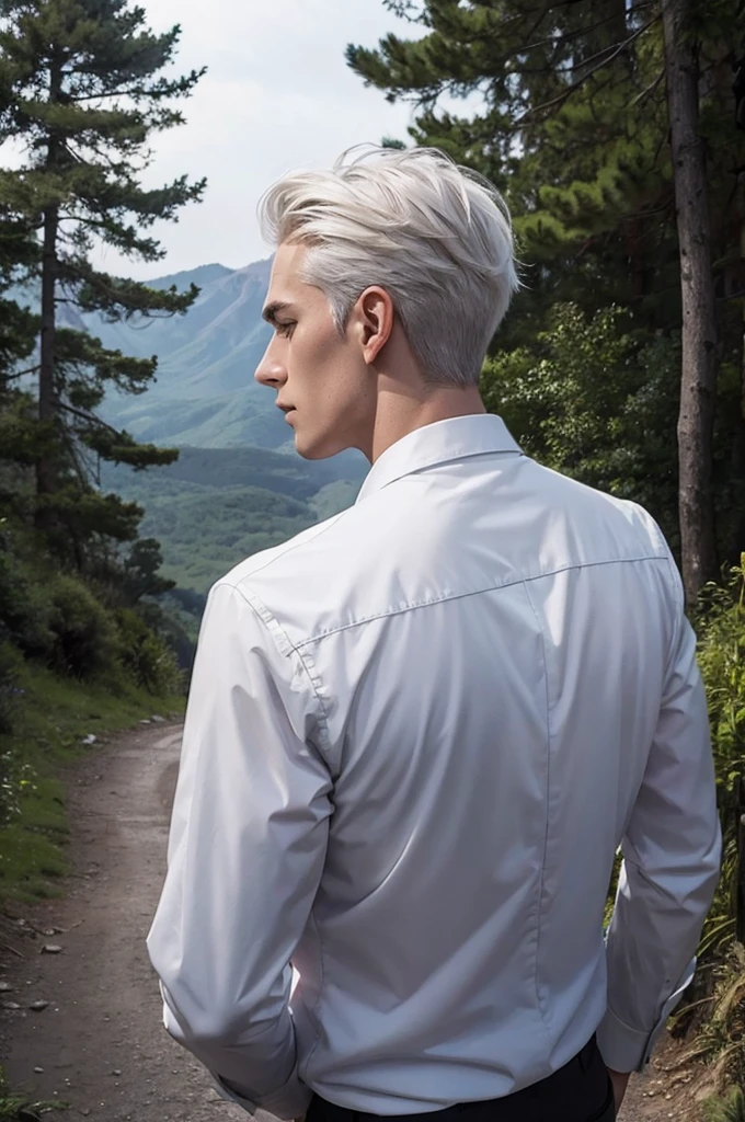 A serious-looking, slightly built, white-haired, blue-eyed man in a black suit, his hair tied back, his hands clasped behind his back, watching the view from a hill, his whole body visible. There is a weathered forest in the background. It's a dark environment, the view is distant. .