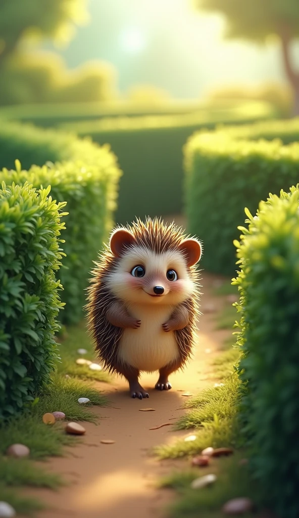 A cute and charming hedgehog character is navigating its way through a maze, determined to reach the goal. The hedgehog, with a focused yet playful expression, moves carefully through the winding paths, its tiny paws tapping lightly on the ground as it makes each turn. The maze is made of tall, green hedges, with the sun shining brightly overhead, casting dappled light on the hedgehog’s path. Along the way, the hedgehog might pause to sniff the air or check its surroundings before darting off in the right direction. The scene is filled with a sense of adventure and curiosity as the hedgehog confidently tackles the challenge. This delightful moment captures the hedgehog’s determined spirit and cleverness, highlighting its endearing journey as it eagerly approaches the finish line.