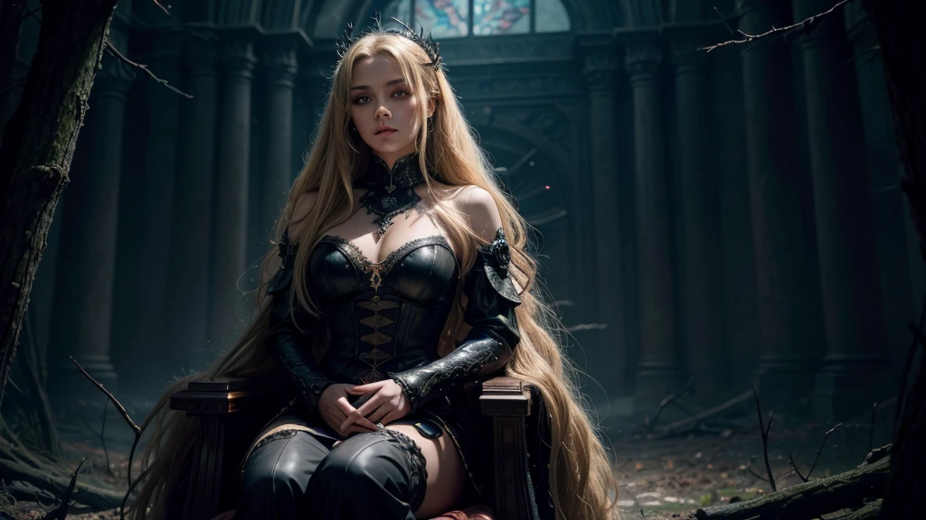 RAW Photos,black light, hair blonde, dark surroundings, Dark masterpiece, mulher fair brown-skinned, SITTING ON A THRONE, throne with thorns, black roses, woman in black dress, posing photo, long hair, hair blonde, black witchcraft, red geometric shiny background, full body size, Eastern fantasy theme, Eyes red, underworld, cold stare, Dark clothes, long and tight, fair brown-skinned, color classification, dark illustration, extreme quality, Radiant, extremely detaild, Face ultra detailed, ultra hd 8k, ultradigitality, mythical, black lightning, Conceital Art Portrait of Greg Rutkowski, artgerm, hyperdetailed, intricately detailed Gothic art, dark gothic fantasy style, triadic colors, Fantastic, intricate-detail, opening screen, colors complementary, fantasy concept art, 8K resolution, masterpiece of gothic deviantart, Heavy strokes, soft lighting, Surrealism