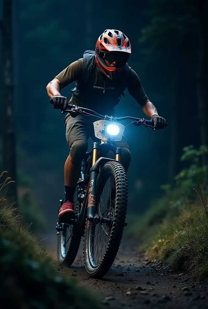 Man riding mtb with helmet at night