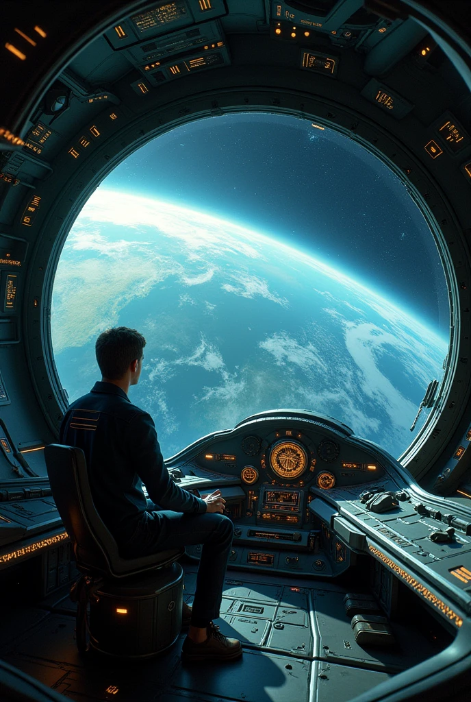 Alien spaceship with a person sitting inside controlling the alien spaceship, the open window with space and planet earth in the background