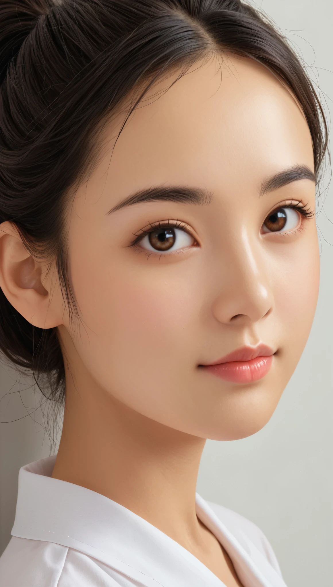 alabaster skin, Slanted Eyes, Groomed eyebrows, thin and dark eyebrows, Thin healthy black hair, A more realistic style, Age is 24 years old, Young Japanese Woman, Hair color: Black, Beautiful face, Cute face, A neat and tidy face, (Detailed lighting, Highly detailed skin, Very fine hair, Shadow, 8k, High key lighting), Gorgeous and perfect face, Realistic style and highly detailed rendering, Superrealism, ultrarealistic oil painting, Contour Shadow Process