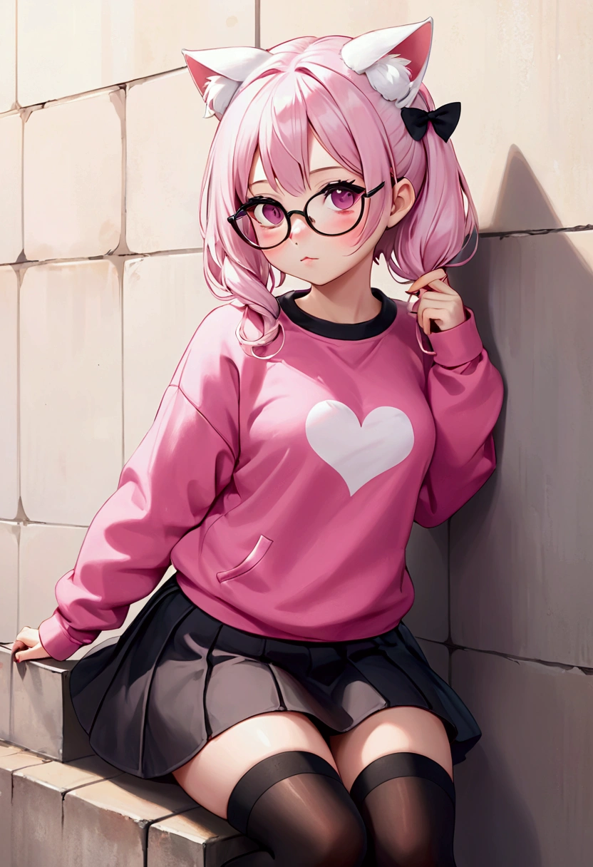 I have white pink hair, cat ears, a bun, my face is super blushing, black glasses, pink heart eyes, a big pink sweatshirt, a black skirt, black stockings, white shoes, a cat's tail, a girl. very shy that she is glued to a wall with her butt