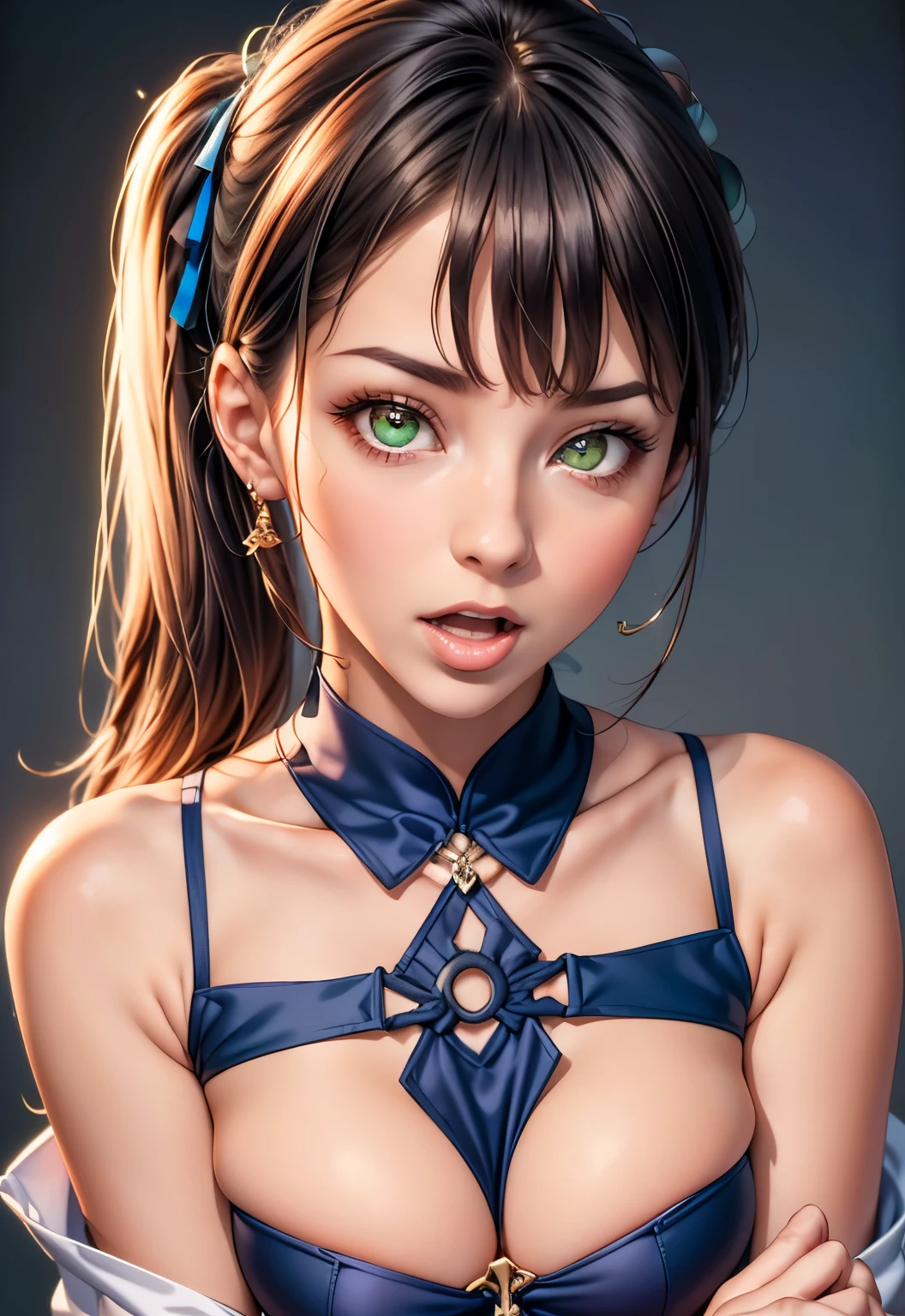 （（（完美number，number，Solitary， White and tender skin，（（（Cyberpunk，Chinese clothes, cheongsam, Cover the navel, Bridal Gloves, Bare shoulders, Pantyhose,））），（（（Brown eyes, Weaving, Long hair, Weavinged ponytail, single Weaving,  Shoulder-length hair, Bangs, blush, Lips））），((masterpiece)),high resolution, ((Best quality at best))，masterpiece，quality，Best quality，（（（ Exquisite facial features，Looking at the audience,There is light in the eyes，(（（open mouth，Separate your Lips，Aheiyan，Sticking out tongue））），型number:1.7））），（（（Light and Shadow，Huge breasts））），（（（Looking at the camera，black background，Close-up of face)）））