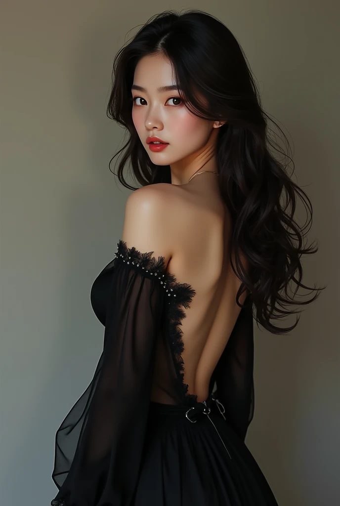 create a beautiful korean girl black hair brown eyes with a beautiful black elegant dress and a perfect body