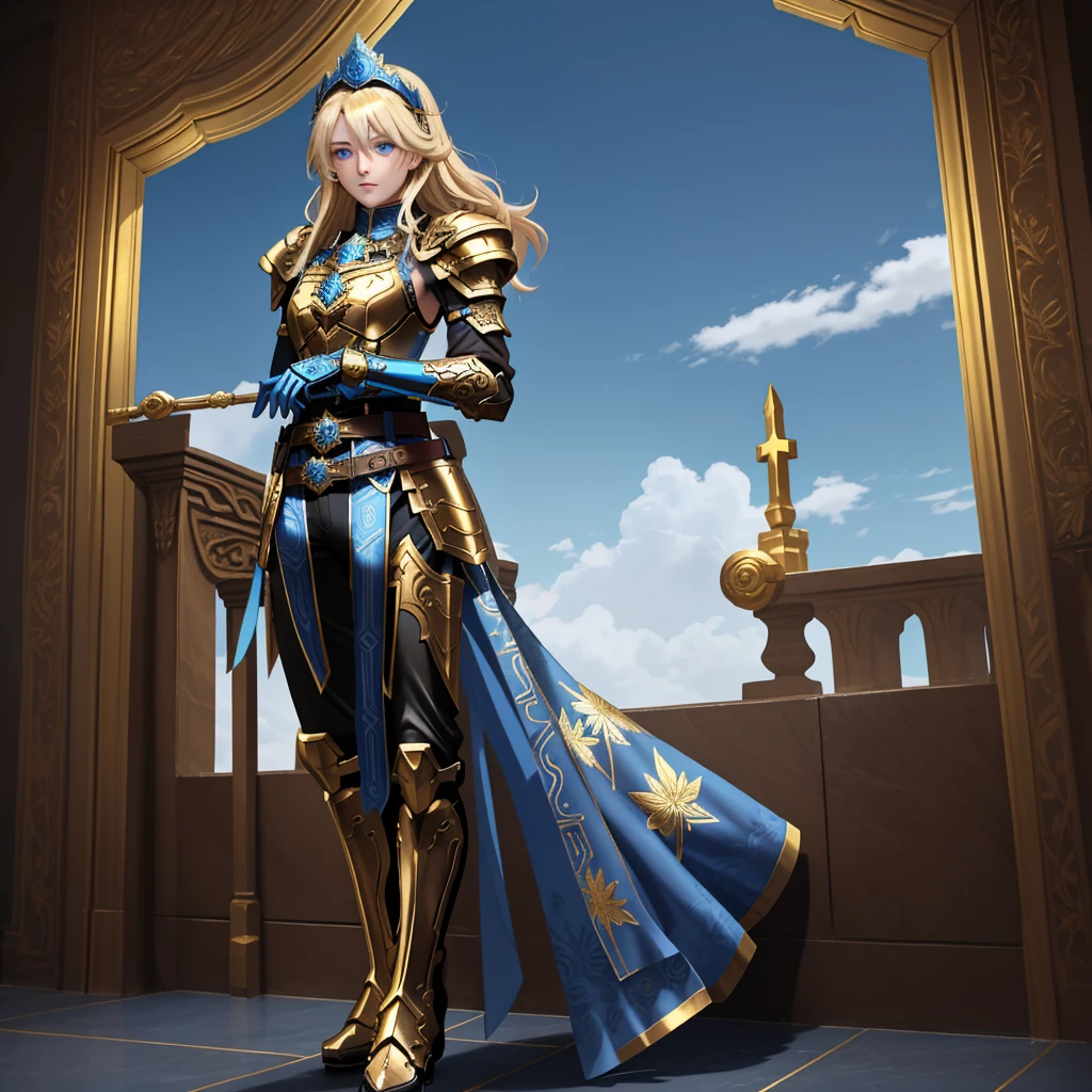 A full-body portrait of two person a young woman in anime style, with long, light blonde hair, framed by a white mantle adorned with golden details. She has intense blue eyes and wears a form-fitting blue armor with intricate engravings of leaves and flowers, and golden metal pieces covering her shoulders and arms. A dark brown leather belt with metallic buckles secures her armor at the waist. She wears brown leather boots. A cross-shaped pendant adorns her chest. The background features a blue sky with fluffy clouds, highlighting her majestic and noble appearance, visible from head to toe, wear tight pants. The second young man in anime style, with short, dark hair. he has intense blue eyes and wears a form-fitting blue armor with intricate engravings of leaves and flowers, and golden metal pieces covering her shoulders and arms. A dark brown leather belt with metallic buckles secures her armor at the waist. he wears brown leather boots, both are standing in a dynamic action pose. A cross-shaped pendant adorns her chest. The background features a blue sky with fluffy clouds, highlighting her majestic and noble appearance, visible from head to toe, wear tight pants