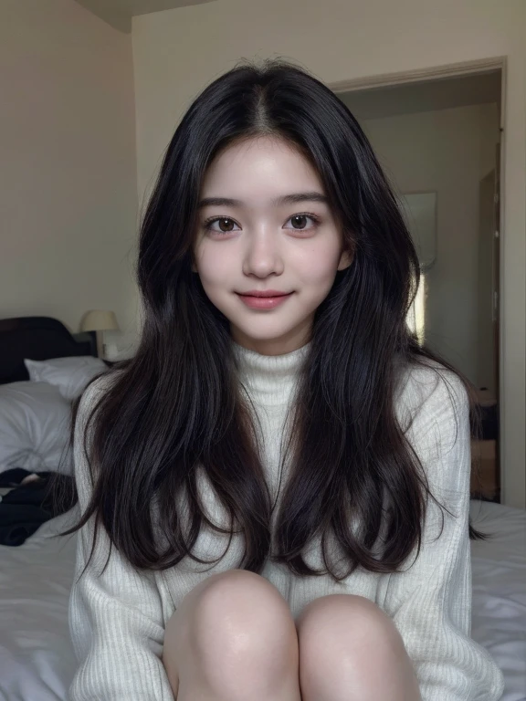 (8k,High resolution、masterpiece、High resolution、detailed、Highest quality、Surreal、RAW Photos)、student、One Woman、Baby Face、Young、Cute face、Real Skin、Long Hair、18-year-old、、Brown eyes、Black Hair、In her room, Fashionable hairstyles, Laughter, Dark blue socks, Photorealism、Bend your knees