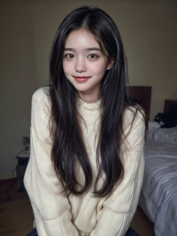 (8k,High resolution、masterpiece、High resolution、detailed、Highest quality、Surreal、RAW Photos)、student、One Woman、Baby Face、Young、Cute face、Real Skin、Long Hair、18-year-old、、Brown eyes、Black Hair、In her room, Fashionable hairstyles, Laughter, Dark blue socks, Photorealism、Bend your knees