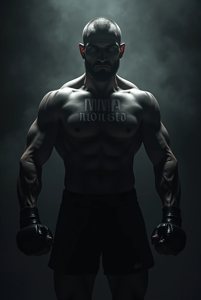 a dark shadow figure of an MMA fighter with the words "MMA monsta" written write in fromt of his chest