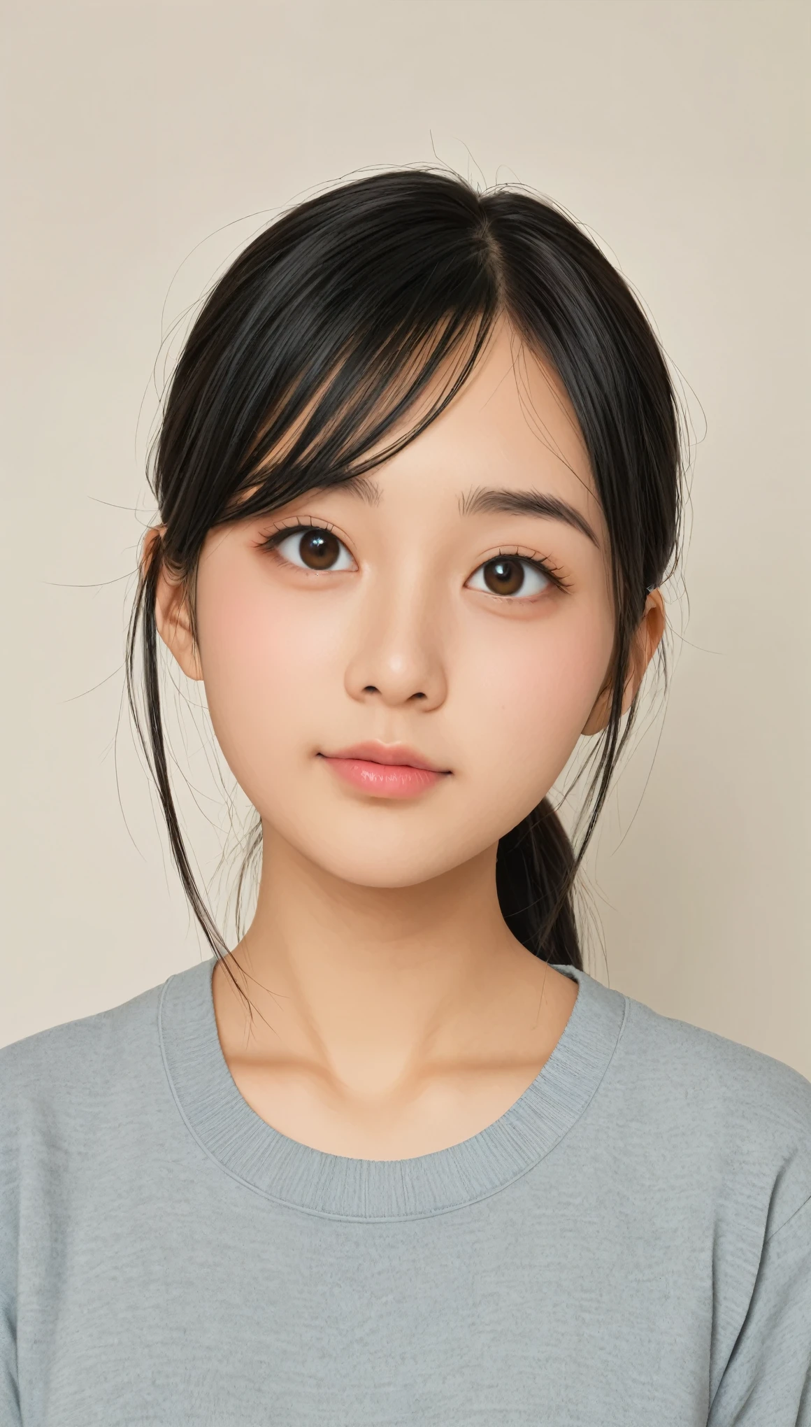 alabaster skin, Big slanted eyes, Groomed eyebrows, thin and dark eyebrows, Thin healthy black hair, A more realistic style, Age is 24 years old, Young Japanese Woman, Hair color: Black, Beautiful face, Cute face, A neat and tidy face
