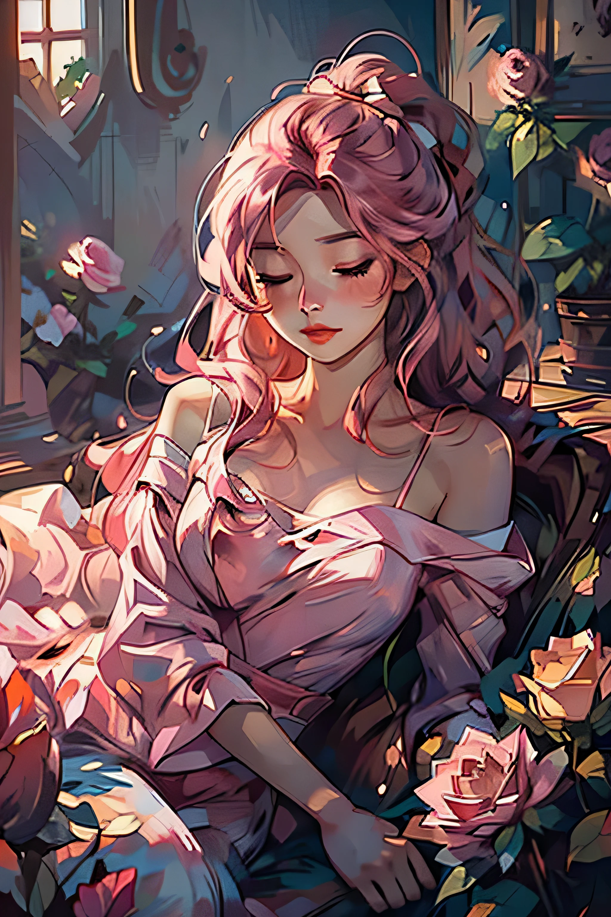 Shui 001,One girl, alone, flower, dress, Chestnut long hair, close your eyes, pink flower, Rose, Lie in, white dress, pink Rose, behind, lips, compensate, No sleeve, flower柄プリント