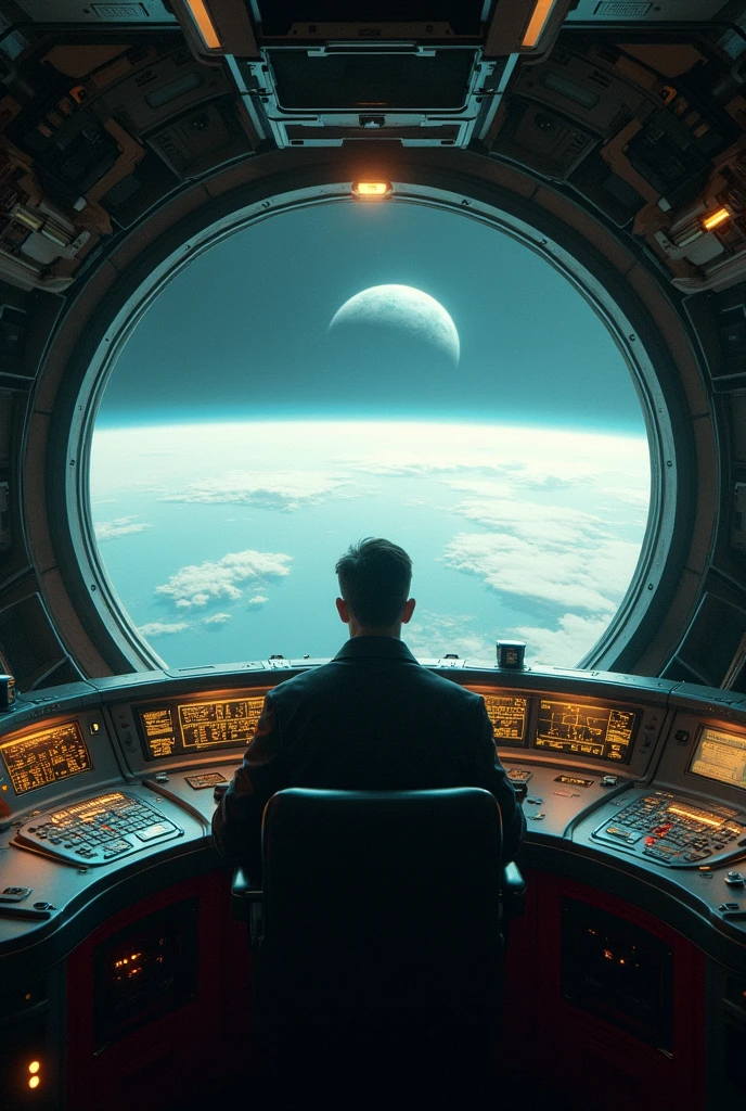 Alien spaceship with a person sitting inside controlling the alien spaceship, the open window with space and planet earth in the background 
