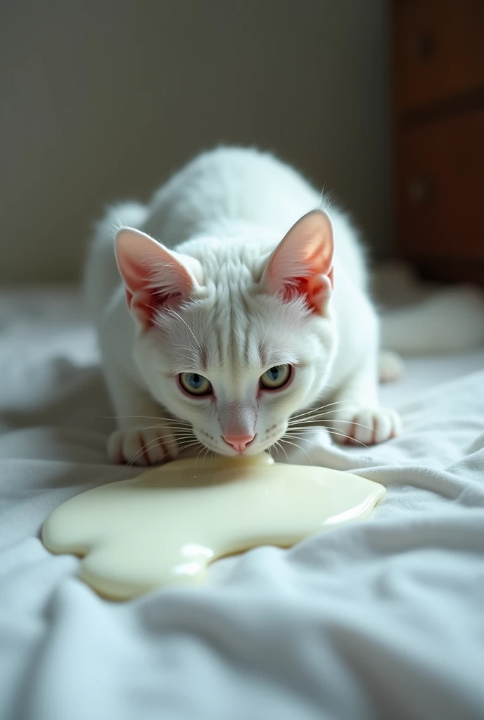 High-quality photo of cat-eared ghost of a sheet crawling on all fours and licking milk from the floor