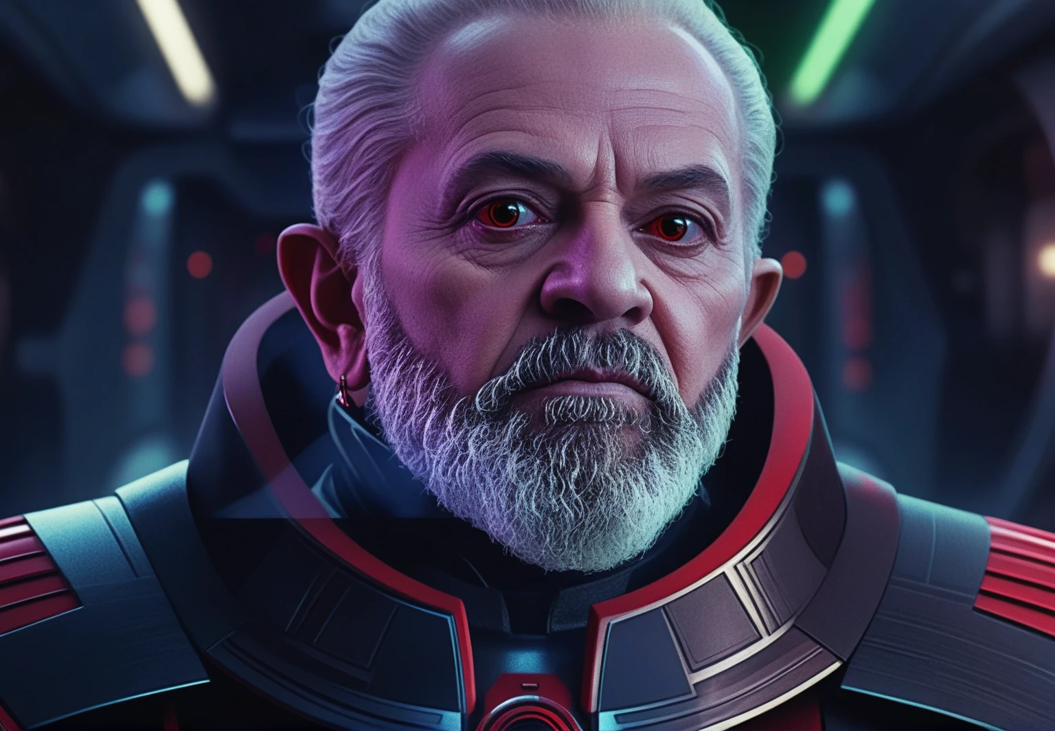 Evil space emperor, star wars style emperor outfit, his face is like Luiz inacio Lula da Silva from Brazil, his eyes are red, futuristic outfit, prometheus style, alien, ginger style, 8k black outfit, photo realistic, impressive, art station, concept art