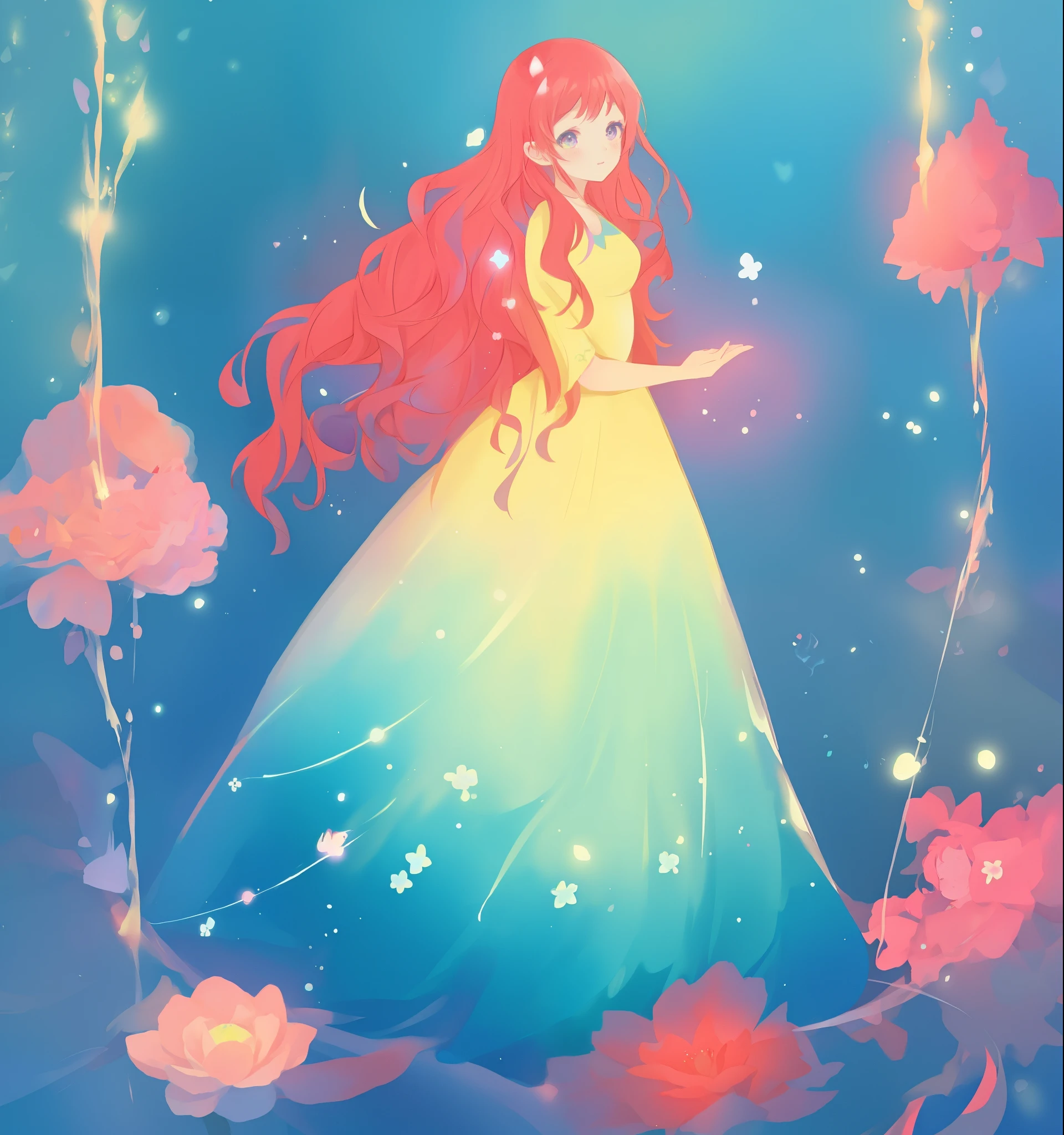 beautiful anime girl in puffy layered gradient ballgown, vibrant colors, (colorful), magical lights, magical flowers, red pink long wavy hair, Glen Keane, Lois van Baarle, jen bartel, fantasia background, magical, beautiful face, intricate details, sharp focus, liquid watercolor illustration