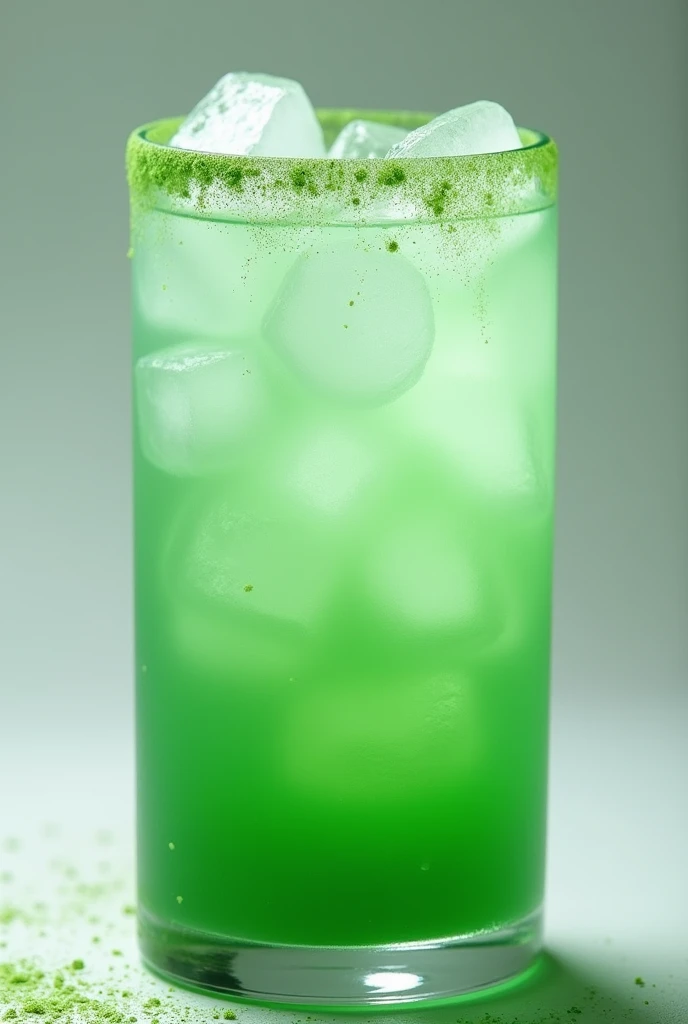 A drink in a 32 oz green glass and the glass is frosted with green powder on the edge 