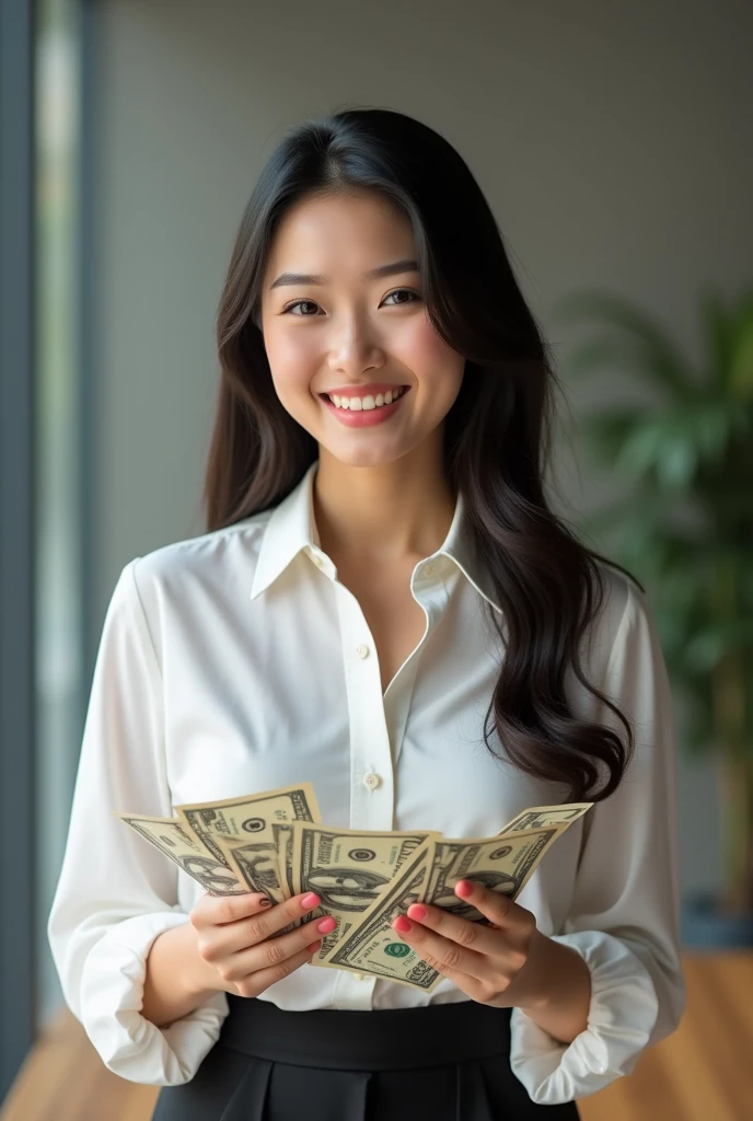 Create an 18 year old Asian businesswoman, standing, holding money, smiling with a cute face. Full photo of a woman wearing a shirt that reveals her breasts, young and successful