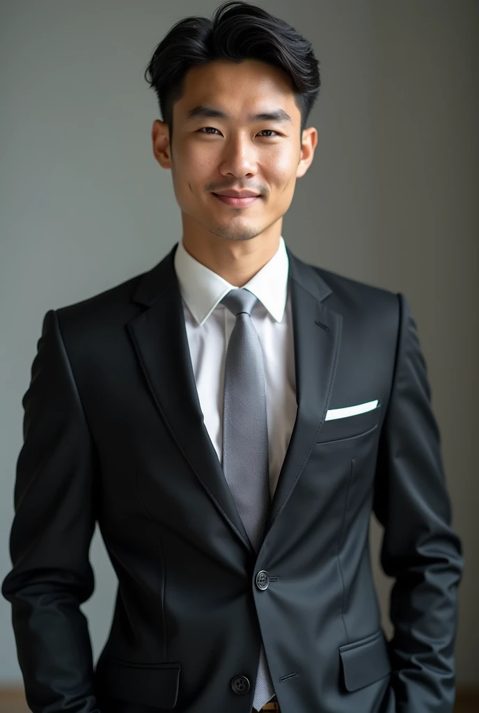 masterpiece, best quality, handsome Asian 35 year old, fair skin male, short length dark hair, perfect face, chest abs, business attire,No bra