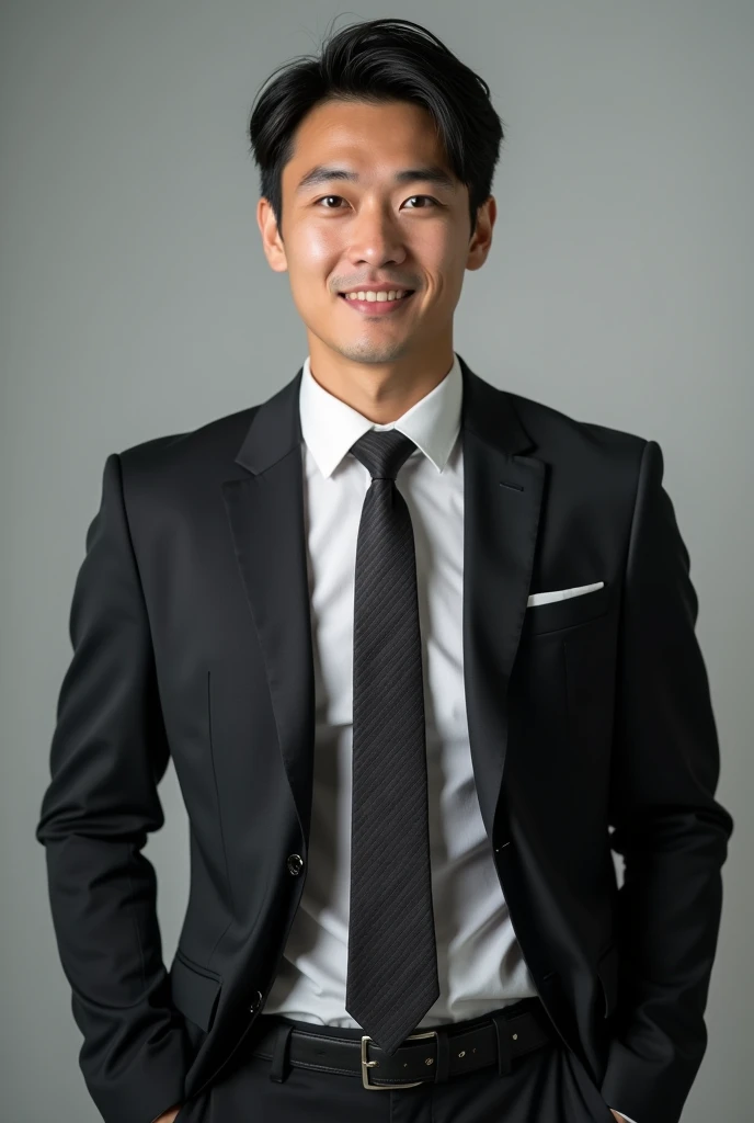 masterpiece, best quality, handsome Asian 35 year old, fair skin male, short length dark hair, perfect face, chest abs, business attire,No bra