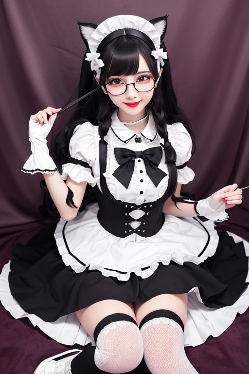 Long wavy black hair Black-rimmed glasses Cat ear first round Lock Lolita cute Gothic maid outfit Knee socks gloves hat Background white cute Double teeth Angel's wing Embarrassed Wicked Smile、((Grin)) Changing clothes