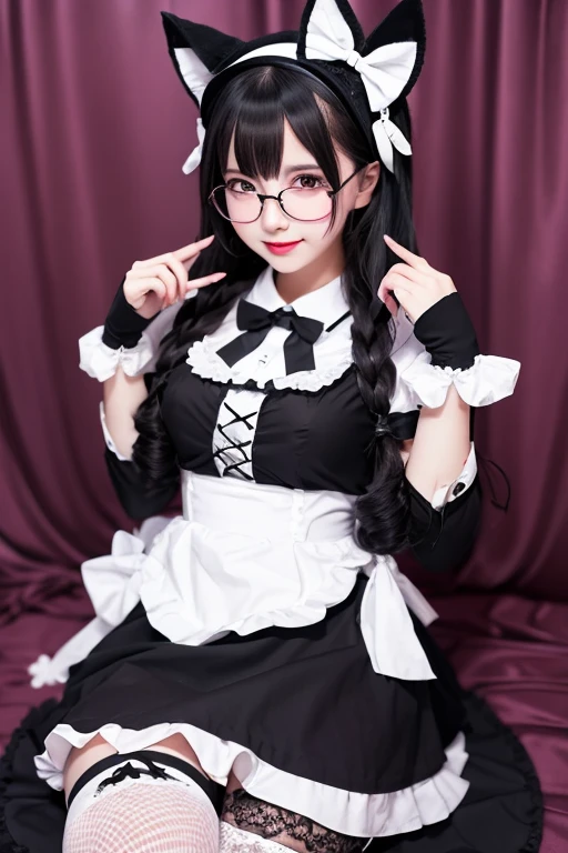 Long wavy black hair　Black-rimmed glasses　Cat ear　first round　Lock　Lolita　cute　Gothic maid outfit　Knee socks　gloves　hat　Background white　cute　Double teeth　Angel&#39;s wing　Embarrassed　Wicked Smile、((Grin))　Changing clothes