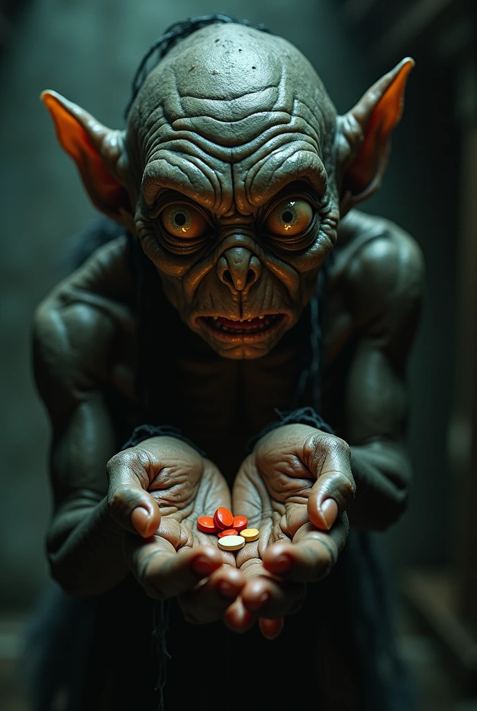 Based on the theme of Golum and the ring( my precious) Create an image that replaces the ring with a red envelope pill