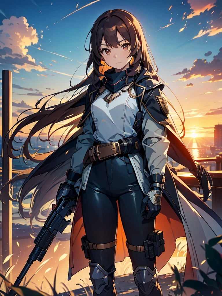 kishi-v2, Silhouette with cumulonimbus clouds in the background, meditation. Watching the beautiful sunset, sundownに, sundown, As the sun sets, In the sunset, Nice views, Sunset view, With the sunset, sundownに, During Golden Hour, looking sundownに, Sunset in the background, Watching the sunset, In the spotlight, holding_gun, assault_rifle, Very detailed, Brown Hair, Long Hair, Anime Style, whole body, alone, Stylish Gunfighter Girl, Holding a steampunk long barrel pistol,