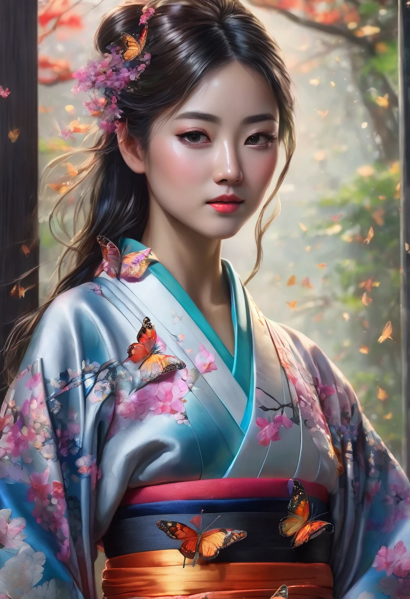 1girl, beautiful butterfly, detailed kimono, highly detailed, ultra-detailed, masterpiece, 8k, best quality, photorealistic, intricate details, vibrant colors, natural lighting, magical realism, ethereal atmosphere