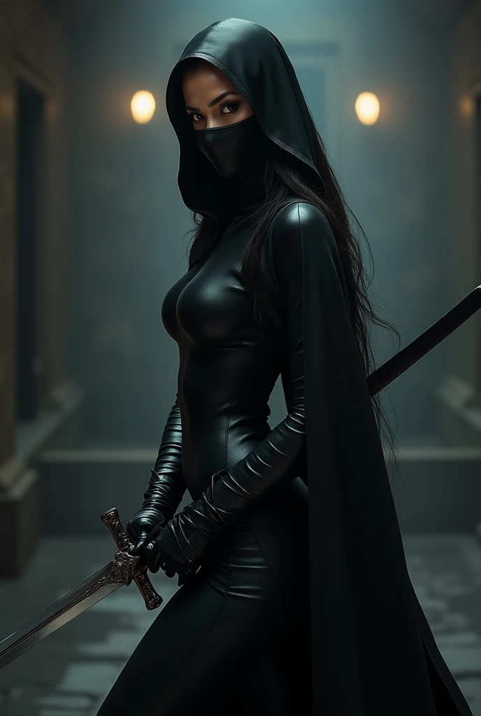 Satria is a beautiful woman dressed in all black, wearing a face mask while holding a sword in front of him. View from the side
