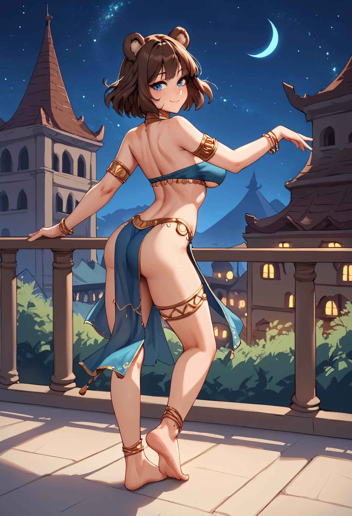 score_9_up, score_8_up, score_7_up, 1girl, solo, source_anime, hourglass figure, Big breasts, kemonomimi, bear ears, brown hair, short hair, messy_hair, blue eyes BREAK freckles, dancing, bare shoulders, strapless, cropstop, standing, seductive smile, belly dancer outfit, from behind, pelvic curtain, butt, looking back, outdoors, bracelet, jewerly, closed mouth, balcony, arabian town, , night sky, starry sky, barefeet