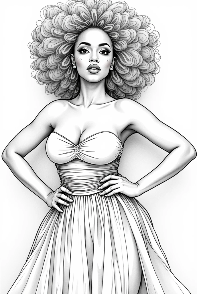 Masterpiece, Best Quality, High Resolution,Super High Resolution, Ultra realistic, Line art, coloring book of fashion model, Afro, extremely gorgeous, heart face, bold look, Stunning beauty, large butt, wide hips, full lips, spicy hot, Curvy figure, freckles 0.1, beauty marks, African couture dress, confident and alluring super sexy beautiful woman, 35 years old, a curvy fit body, big brown eyes, (realistic:1.3), hyper detailed, photorealistic, line art portrait, masterpiece,natural lighting, cinematic composition, hyper intricate details, hyper detailed, photorealistic, portrait, masterpiece,