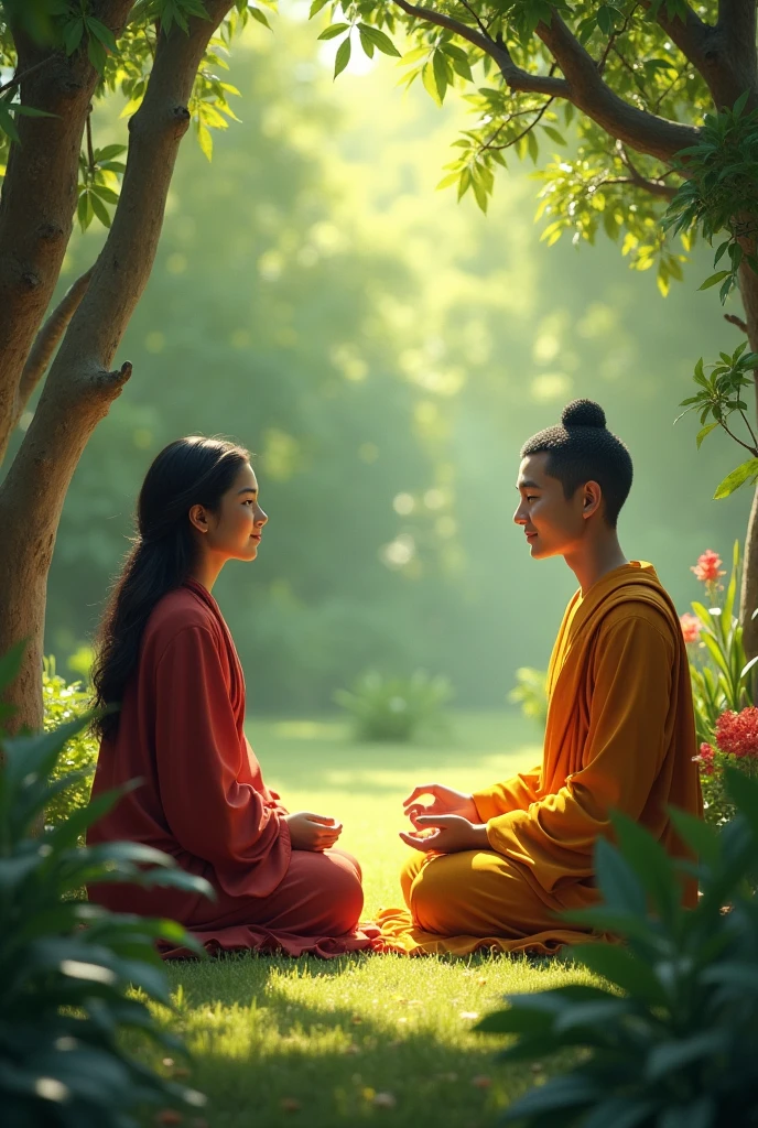 Craft a fictional account of Buddha's encounter with a follower of a different spiritual tradition, highlighting the respectful dialogue and exchange of ideas.