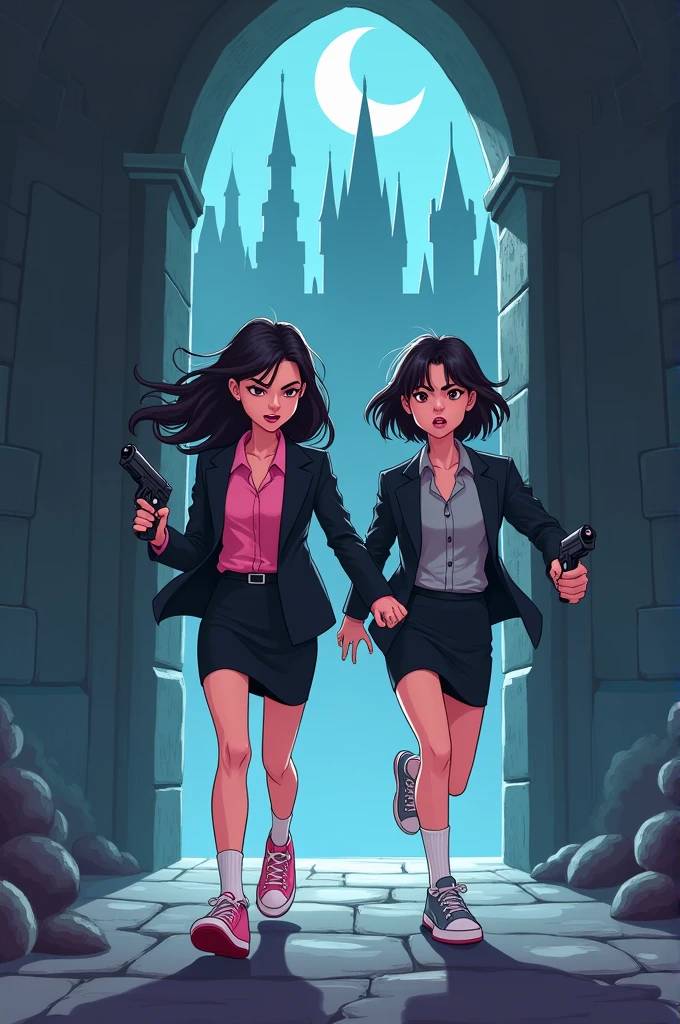 Two girls, yuri,(The first girl wear a pink shirt, black suit, black pencil skirt, black underpants, white socks, pink sneakers) and (The second girl wore a grey shirt, black suit, black pencil skirt, black underpants, white socks, grey sneakers) holding a handguns, run to the entry of vampire castle, angry eyes, smile, novel cartoon, 4K, HD