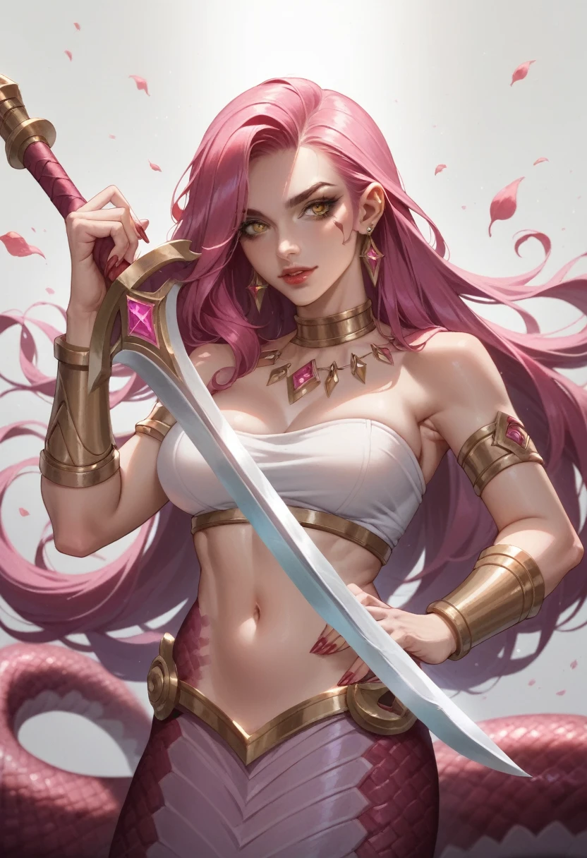 anime girl with pink hair and a white top holding a sword, lamia, anime goddess, samira from league of legends, seductive anime girl, knights of zodiac girl, succubus, marin kitagawa fanart, portrait knights of zodiac girl, beautiful succubus, humanoid pink female squid girl, natalie from epic battle fantasy, advanced digital anime art ”, colored lineart