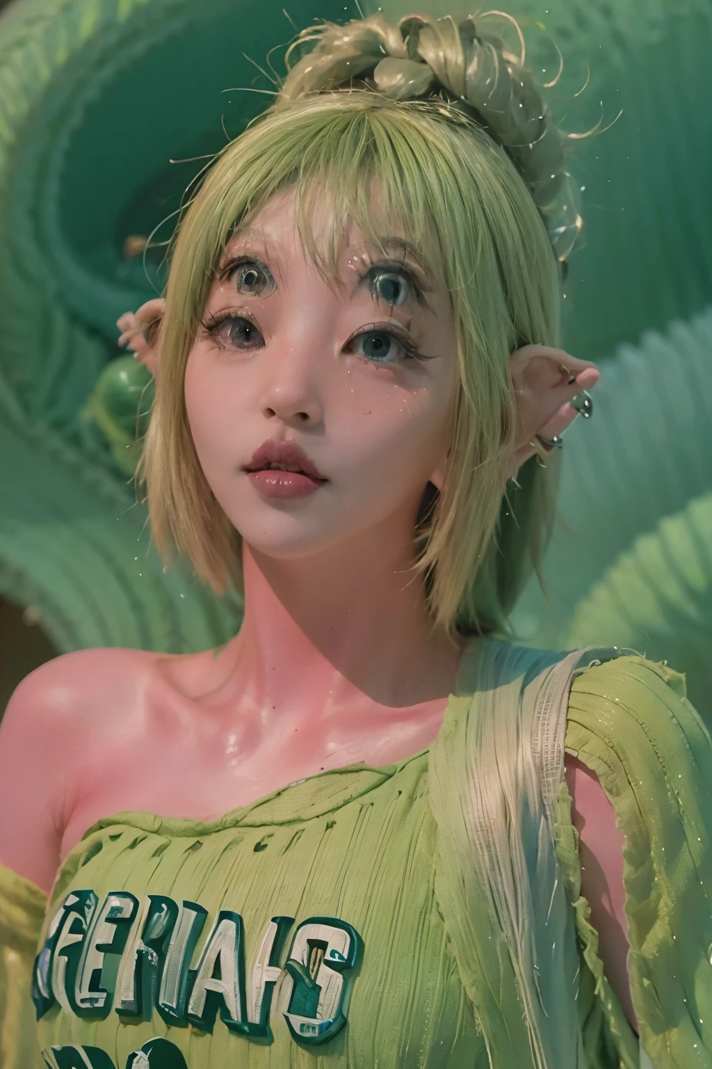 a close-up of "portaisAI" creature posing for the camera, Brazil team shirt, a cap, music album cover photo, , blonde haircut with an incredible green streak, high definition, absurd resolution, resolution height, 1.4